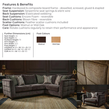 Taeo sofa features and benefits guide showing frame construction, suspension, cushion details and foot colour options in walnut or mid oak