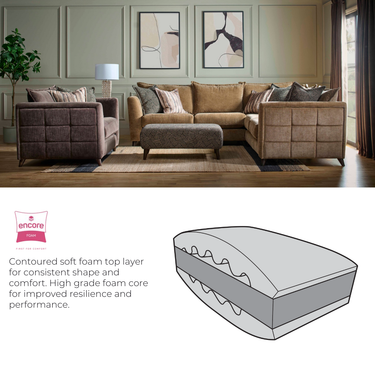 Taeo sofa foam construction diagram showing contoured soft foam top layer and high grade foam core for resilience and comfort