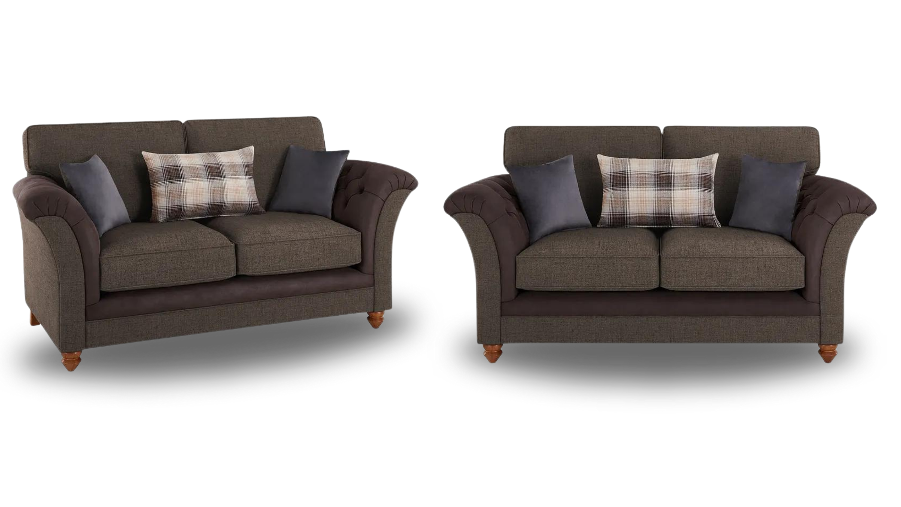 Dexter 2 x 2 Seater Brown Fabric Studded Detail Sofas Brand New - Oak Furniture Land