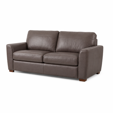 Winnington two-seater sofa in dark charcoal grey leather with padded armrests and cushioned back on wooden feet, on white background