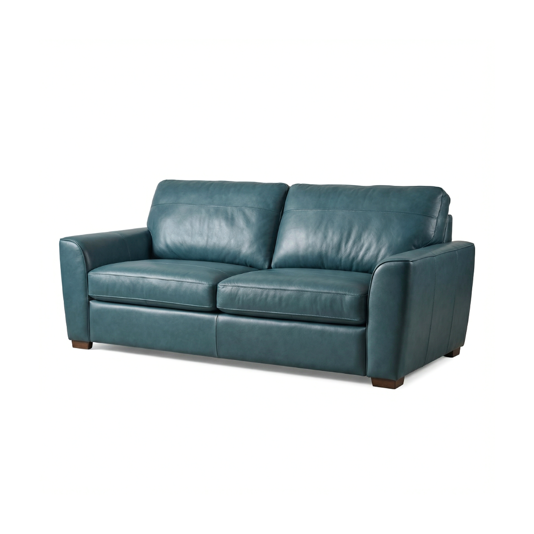 Winnington three-seater teal leather sofa with padded back cushions and wide armrests on dark wooden feet, on white background