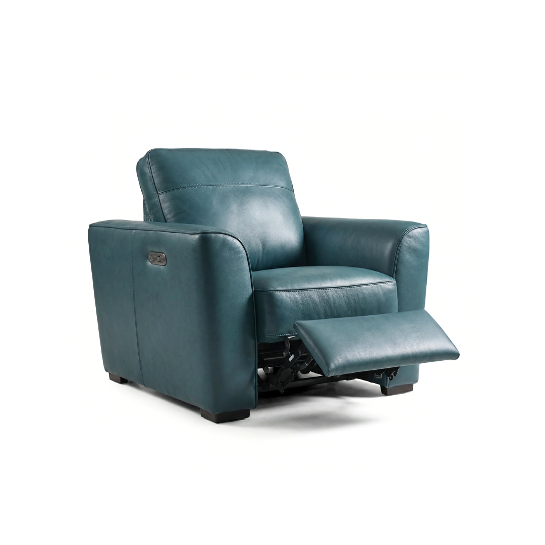 Winnington teal leather power recliner armchair with footrest fully extended, on white background