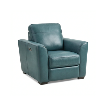 Winnington teal leather power recliner armchair in upright position with USB charging port on side panel, on white background