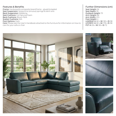 Winnington sofa range features, benefits and dimensions specification sheet with lifestyle image of teal corner chaise sofa