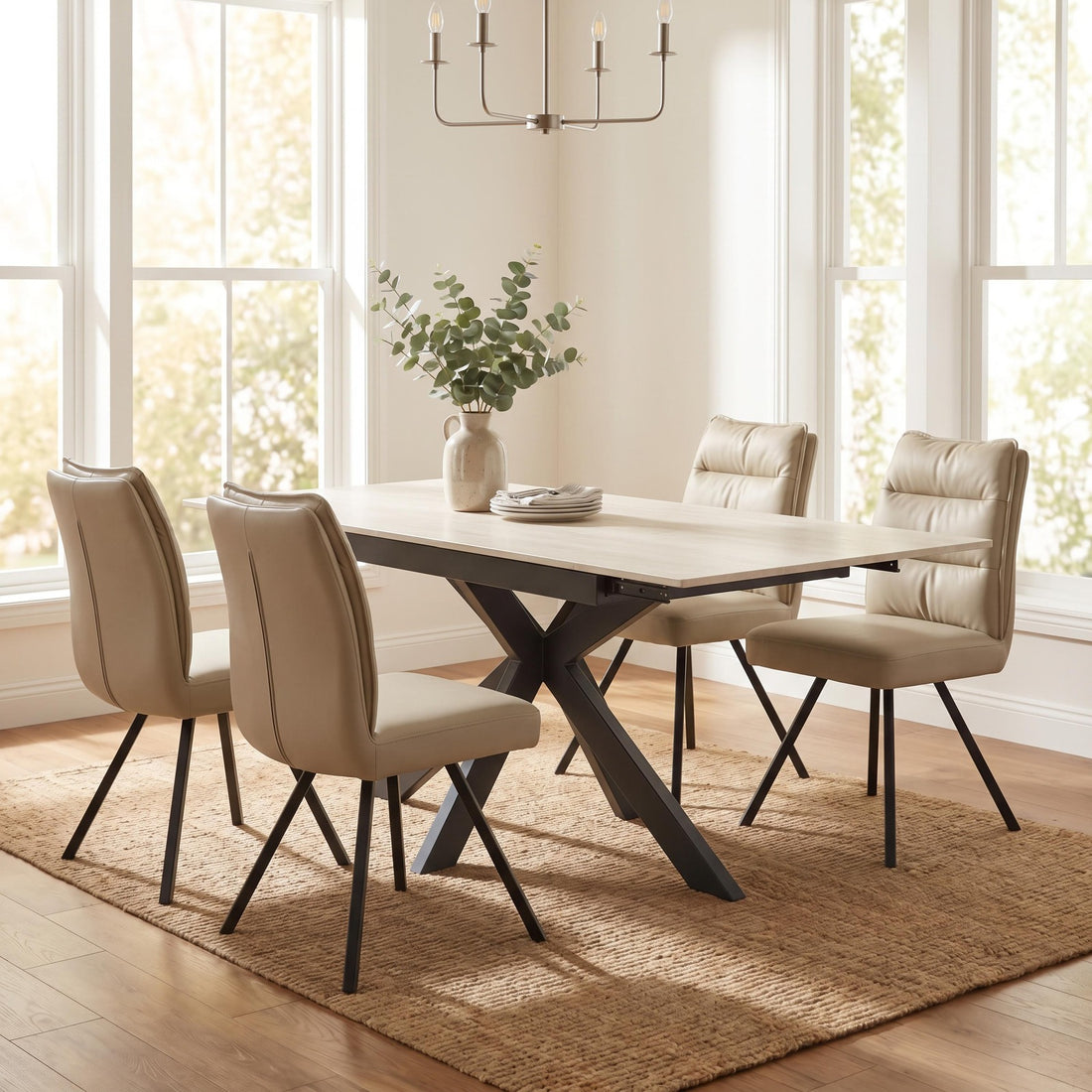 Amara 1.8m Extending Ivory Dining Table & 4 Stellan Taupe Chairs Dining Set – complete dining set