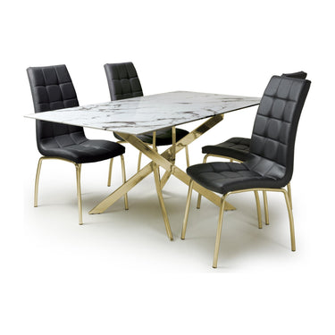 Astra 1.6m White Marble Effect Glass Dining Table with Gold Legs & 4 Jenner Black Chairs with Gold Legs Dining Set – dining set, alternate view