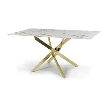 Astra 1.6m White Marble Effect Glass Dining Table with Gold Legs & 4 Jenner Black Chairs with Gold Legs Dining Set – the dining table