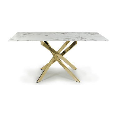 Astra 1.6m White Marble Effect Glass Dining Table with Gold Legs & 4 Jenner Black Chairs with Gold Legs Dining Set – dining table, alternate view