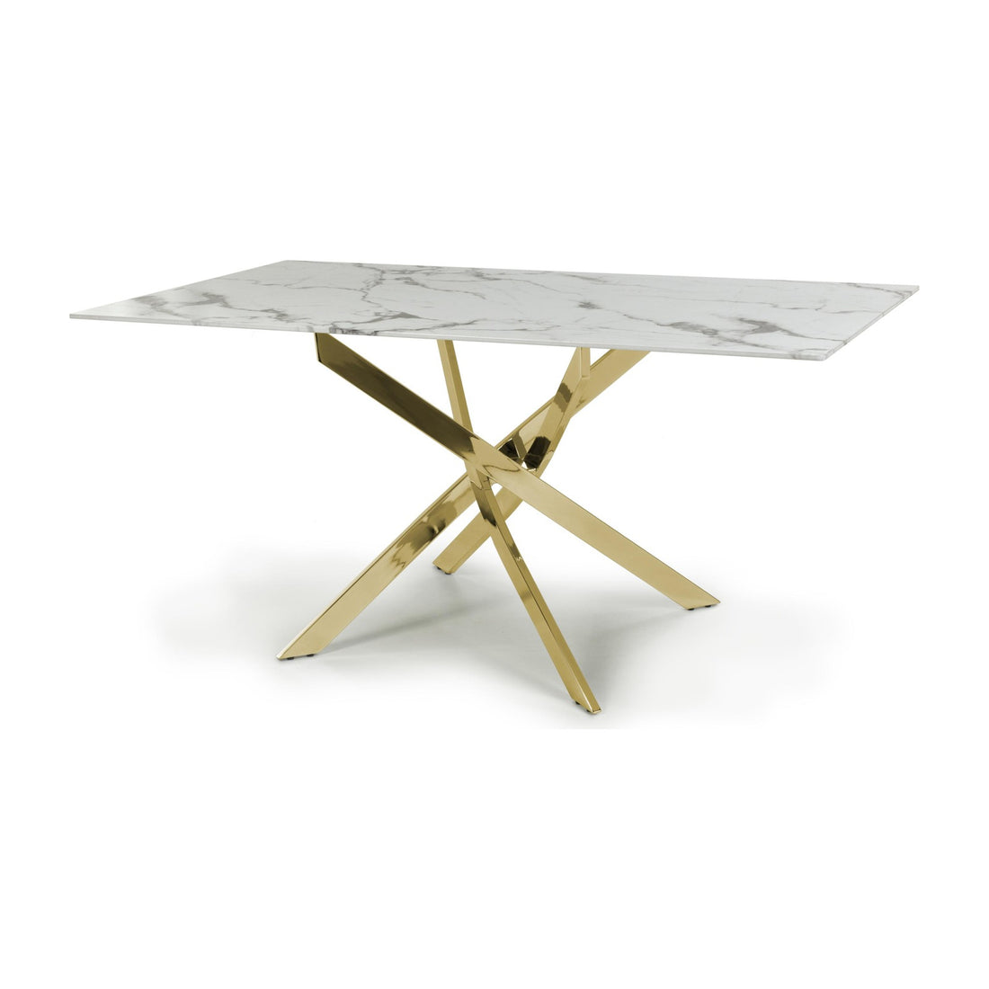 Astra 1.6m White Marble Effect Glass Dining Table with Gold Legs – studio view 1