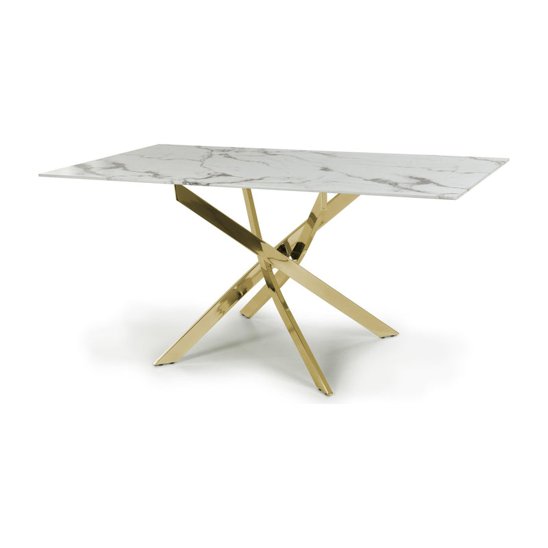 Astra 1.6m White Marble Effect Glass Dining Table with Gold Legs