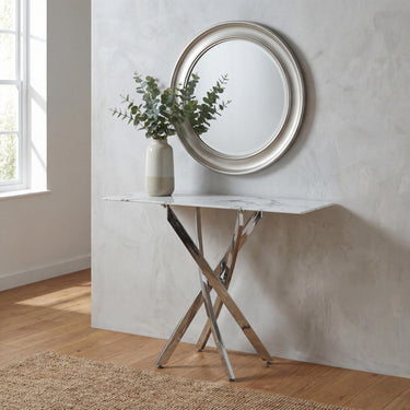 Astra White Marble Effect Glass Console Table with Chrome Legs – styled in a room setting