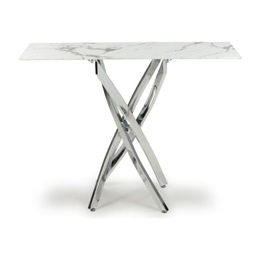 Astra White Marble Effect Glass Console Table with Chrome Legs – studio view 2