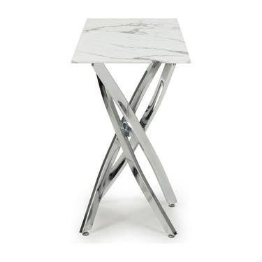 Astra White Marble Effect Glass Console Table with Chrome Legs – studio view 3