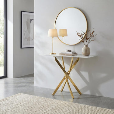 Astra White Marble Effect Glass Console Table with Gold Legs – styled in a room setting