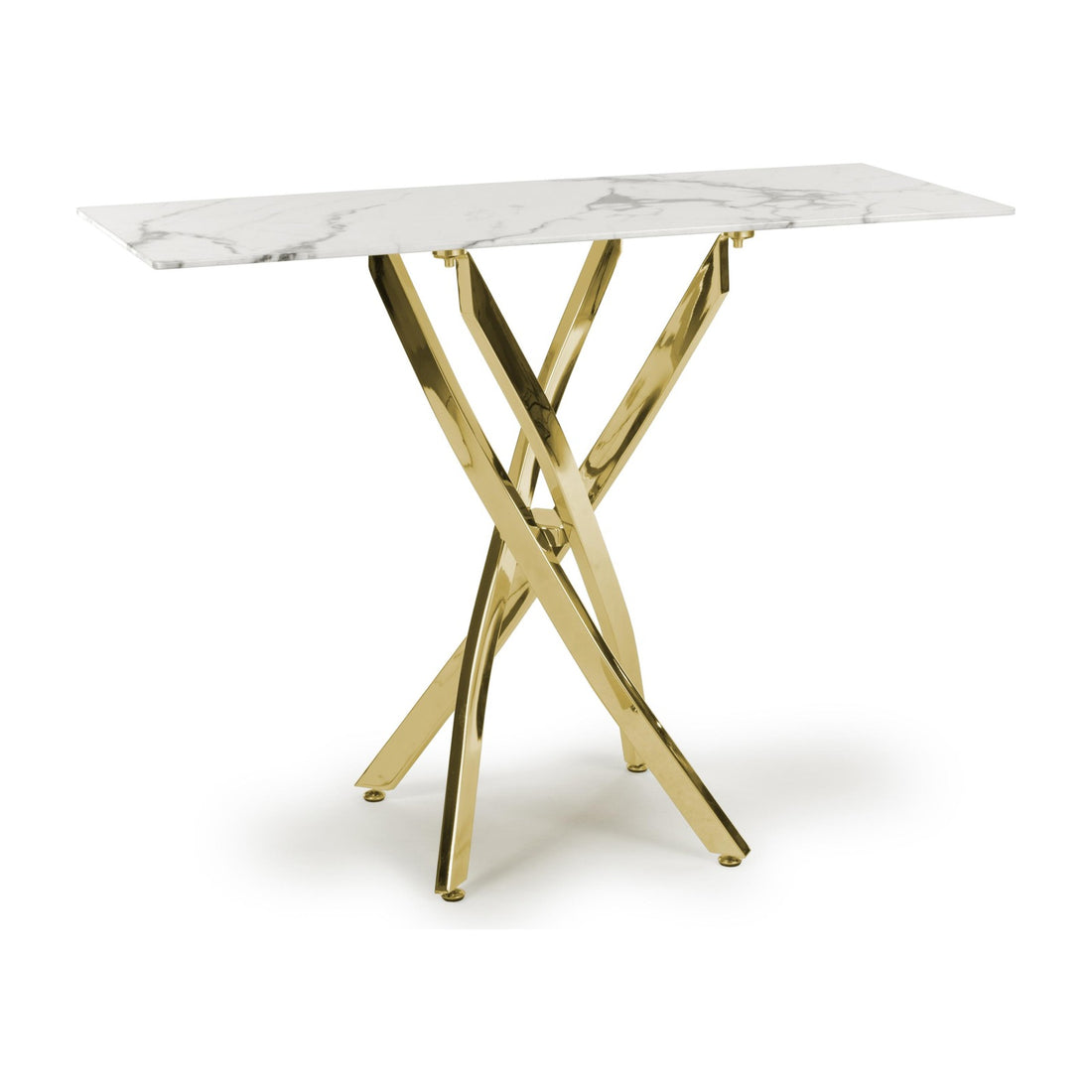 Astra White Marble Effect Glass Console Table with Gold Legs – studio view 1