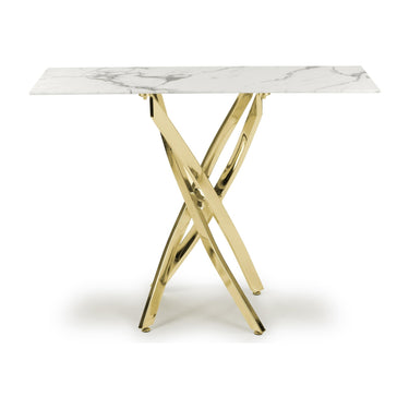 Astra White Marble Effect Glass Console Table with Gold Legs – studio view 2