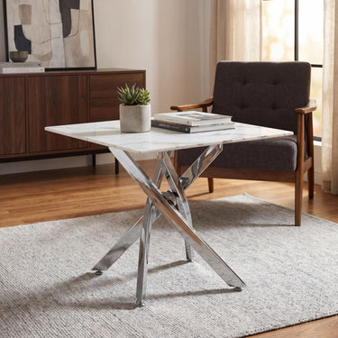 Astra White Marble Effect Glass End Table with Chrome Legs – styled in a room setting