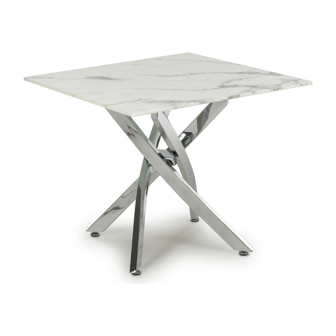 Astra White Marble Effect Glass End Table with Chrome Legs – studio view 1