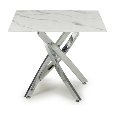 Astra White Marble Effect Glass End Table with Chrome Legs – studio view 2