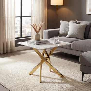 Astra White Marble Effect Glass End Table with Gold Legs – styled in a room setting