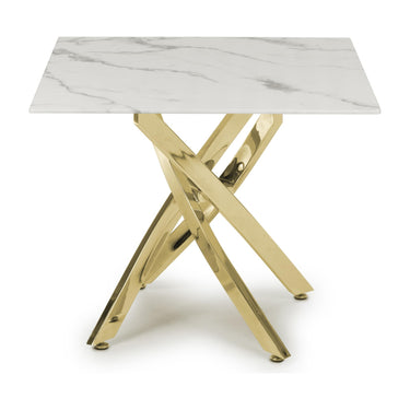 Astra White Marble Effect Glass End Table with Gold Legs – studio view 2