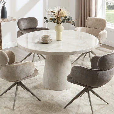 Aurelia 130cm Round Marble Dining Table - Taupe – styled in a dining room