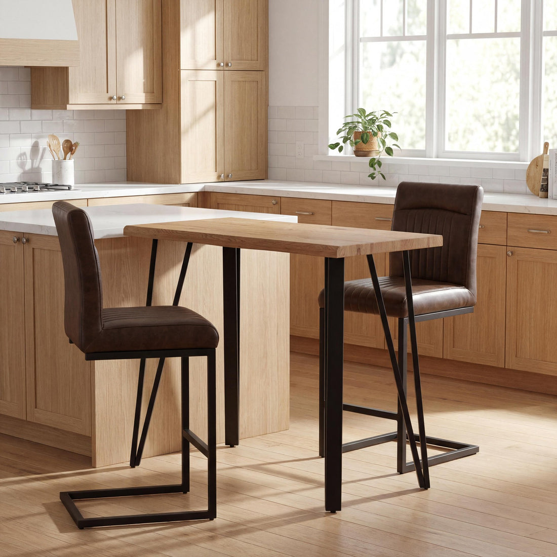 Barlow 1.2m Oak Effect Bar Table & 2 Lowen Brown Bar Stools Dining Set – complete dining set