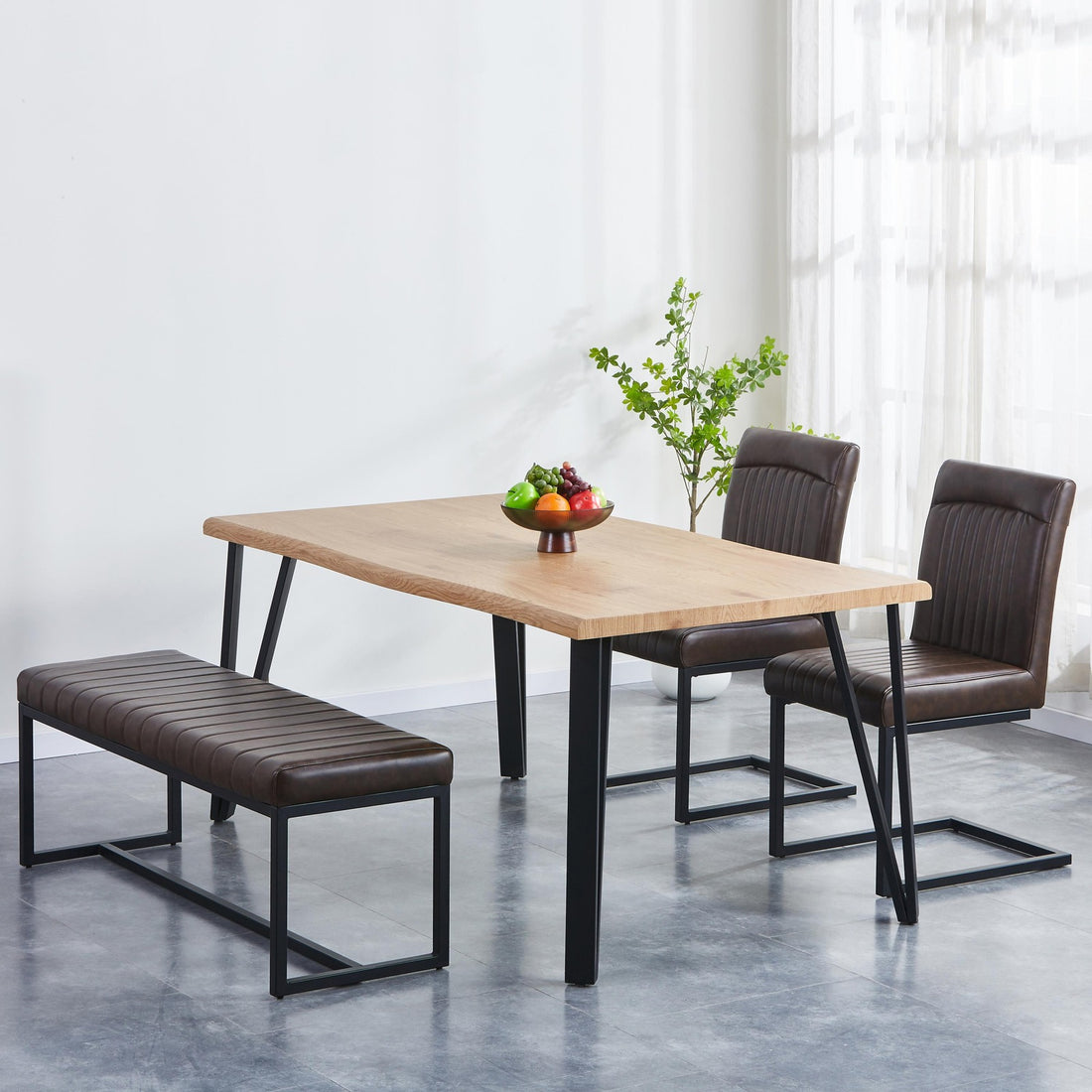 Barlow 1.6m Oak Effect Dining Table & 2 Lowen Brown Chairs & Bench Dining Set – complete dining set