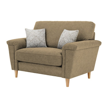 Brody Loveseat Fabric Chair in Mendes Oatmeal fabric with oak feet