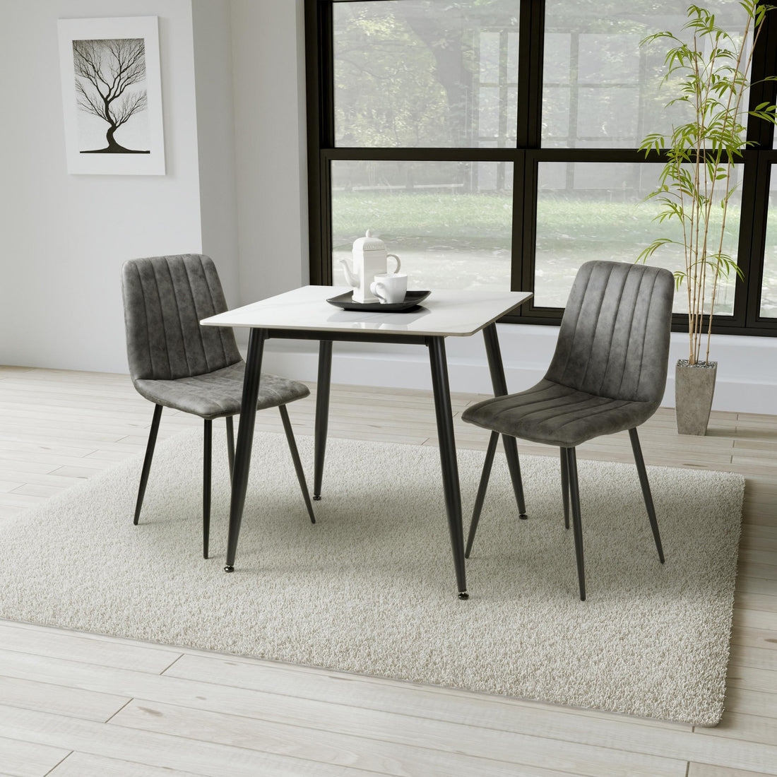 Carlo 80cm Square White Marble Dining Table & 2 Lisbon Grey Microfibre Chairs Dining Set – complete dining set