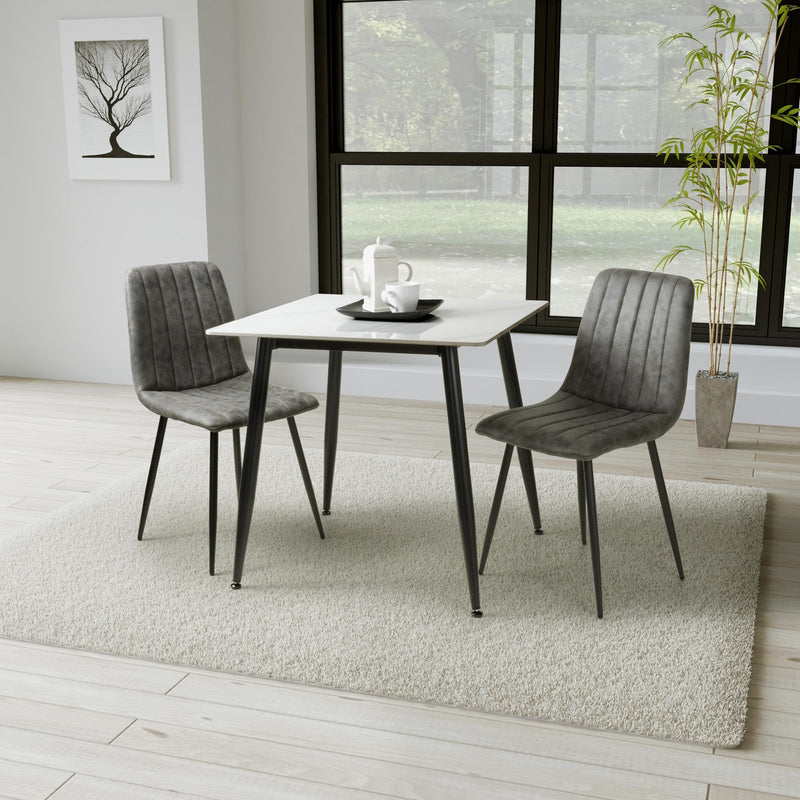 Carlo 80cm Square White Marble Dining Table & 2 Lisbon Grey Microfibre Chairs Dining Set