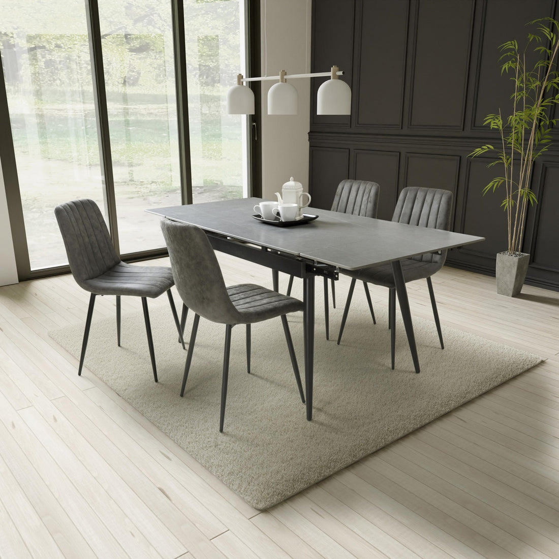 Carlo Double Extending Grey Granite Dining Table & 4 Lisbon Grey Microfibre Chairs Dining Set – complete dining set