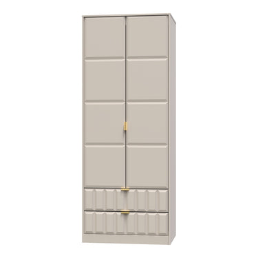 Cube 2 Door 2 Drawer Wardrobe in Kashmir Matt with gold hairpin legs, angled view