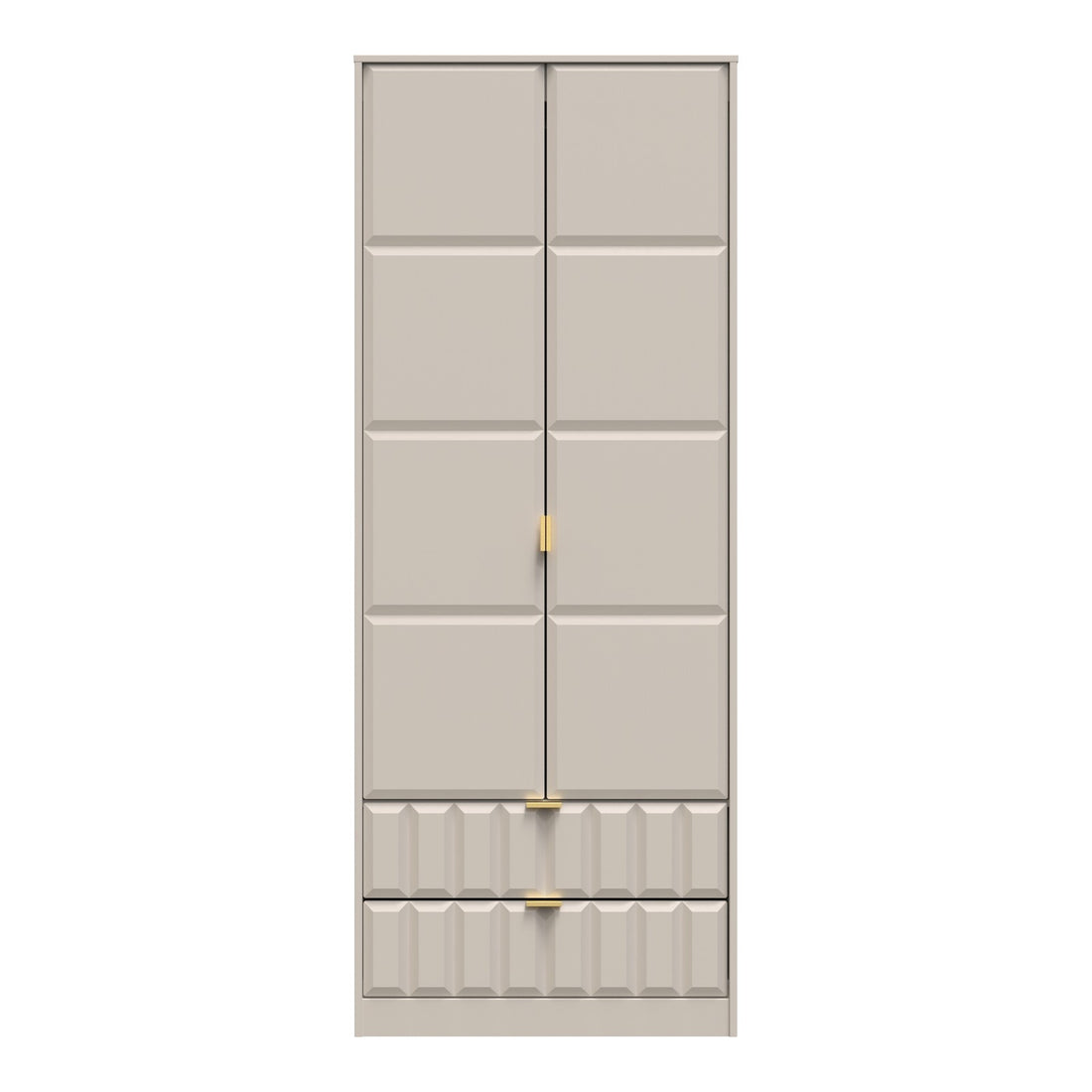 Cube 2 Door 2 Drawer Wardrobe in Kashmir Matt with gold hairpin legs, front view