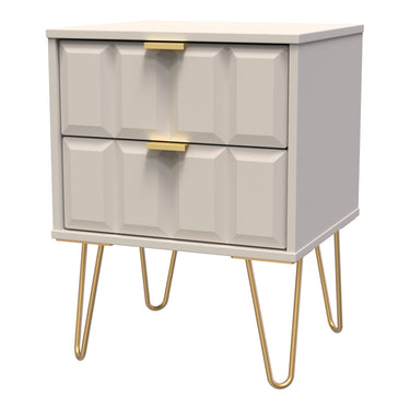 Cube 2 Drawer Bedside Cabinet in Kashmir Matt with gold hairpin legs, angled view