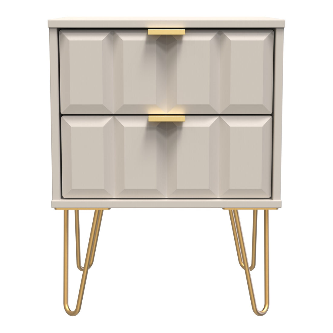 Cube 2 Drawer Bedside Cabinet in Kashmir Matt with gold hairpin legs, front view