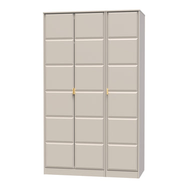 Cube 3 Door Wardrobe in Kashmir Matt with gold hairpin legs, angled view