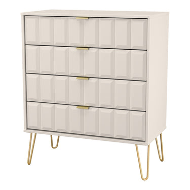 Cube 4 Drawer Wide Chest of Drawers in Kashmir Matt with gold hairpin legs, angled view