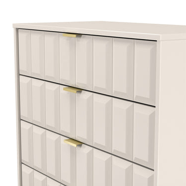 Cube 4 Drawer Wide Chest of Drawers in Kashmir Matt with gold hairpin legs, close-up of the patterned drawer fronts