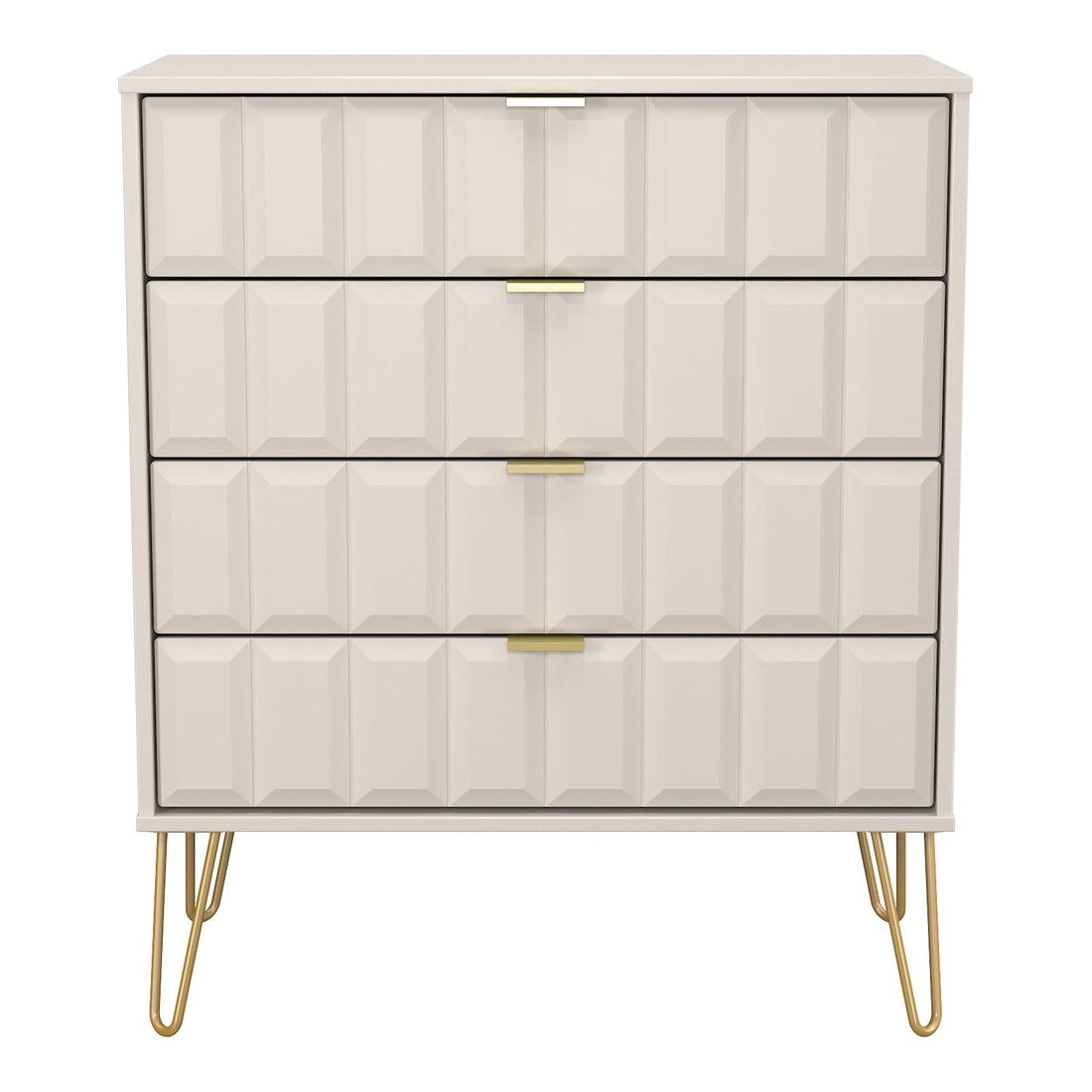 Cube 4 Drawer Wide Chest of Drawers in Kashmir Matt with gold hairpin legs, front view