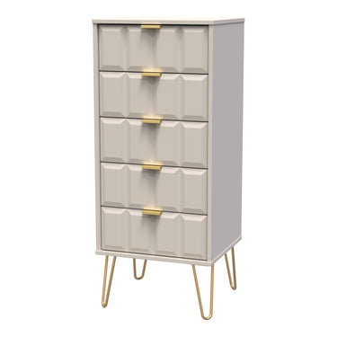 Cube 5 Drawer Narrow Chest of Drawers in Kashmir Matt with gold hairpin legs, angled view