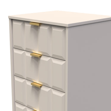 Cube 5 Drawer Narrow Chest of Drawers in Kashmir Matt with gold hairpin legs, close-up of the patterned drawer fronts