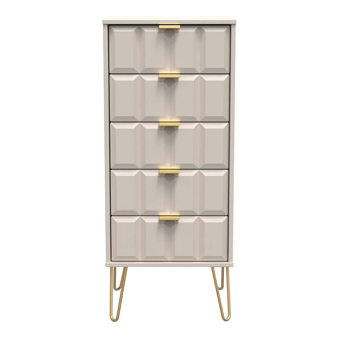 Cube 5 Drawer Narrow Chest of Drawers in Kashmir Matt with gold hairpin legs, front view