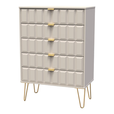 Cube 5 Drawer Wide Chest of Drawers in Kashmir Matt with gold hairpin legs, angled view