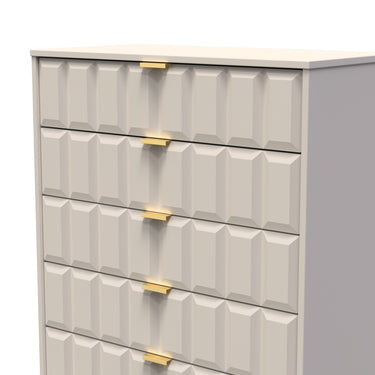 Cube 5 Drawer Wide Chest of Drawers in Kashmir Matt with gold hairpin legs, close-up of the patterned drawer fronts