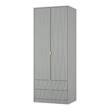 Diamond 2 Door 2 Drawer Wardrobe in Dusk Grey with gold hairpin legs, angled view
