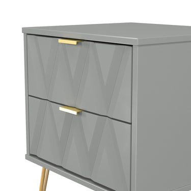 Diamond 2 Drawer Bedside Cabinet in Dusk Grey with gold hairpin legs, close-up of the patterned drawer fronts