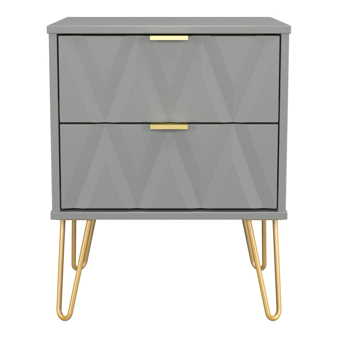 Diamond 2 Drawer Bedside Cabinet in Dusk Grey with gold hairpin legs, front view