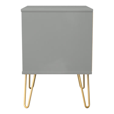 Diamond 2 Drawer Bedside Cabinet in Dusk Grey with gold hairpin legs, side view