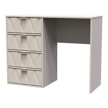 Diamond 4 Drawer Desk in Kashmir Matt with gold hairpin legs, angled view